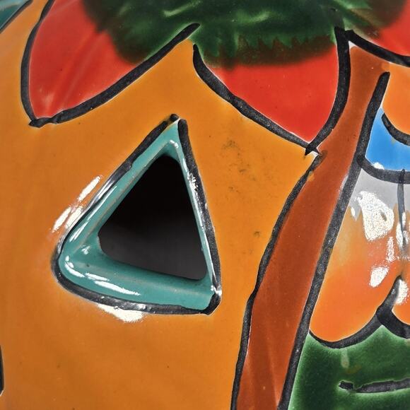 Blue Orange Pottery Talavera 9" Jack O Lantern Pumpkin Luminary Mexico Decor - Picture 9 of 10
